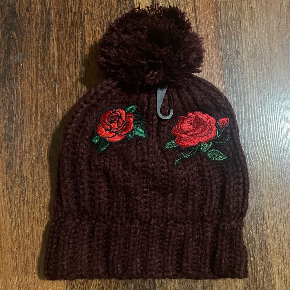 Athletech Burgundy Knit Hat with Red Rose Embroidery